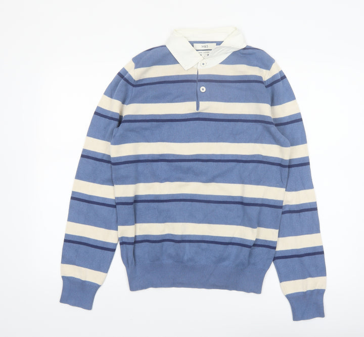 Marks and Spencer Men's Blue Striped Long Sleeve Cotton Polo S