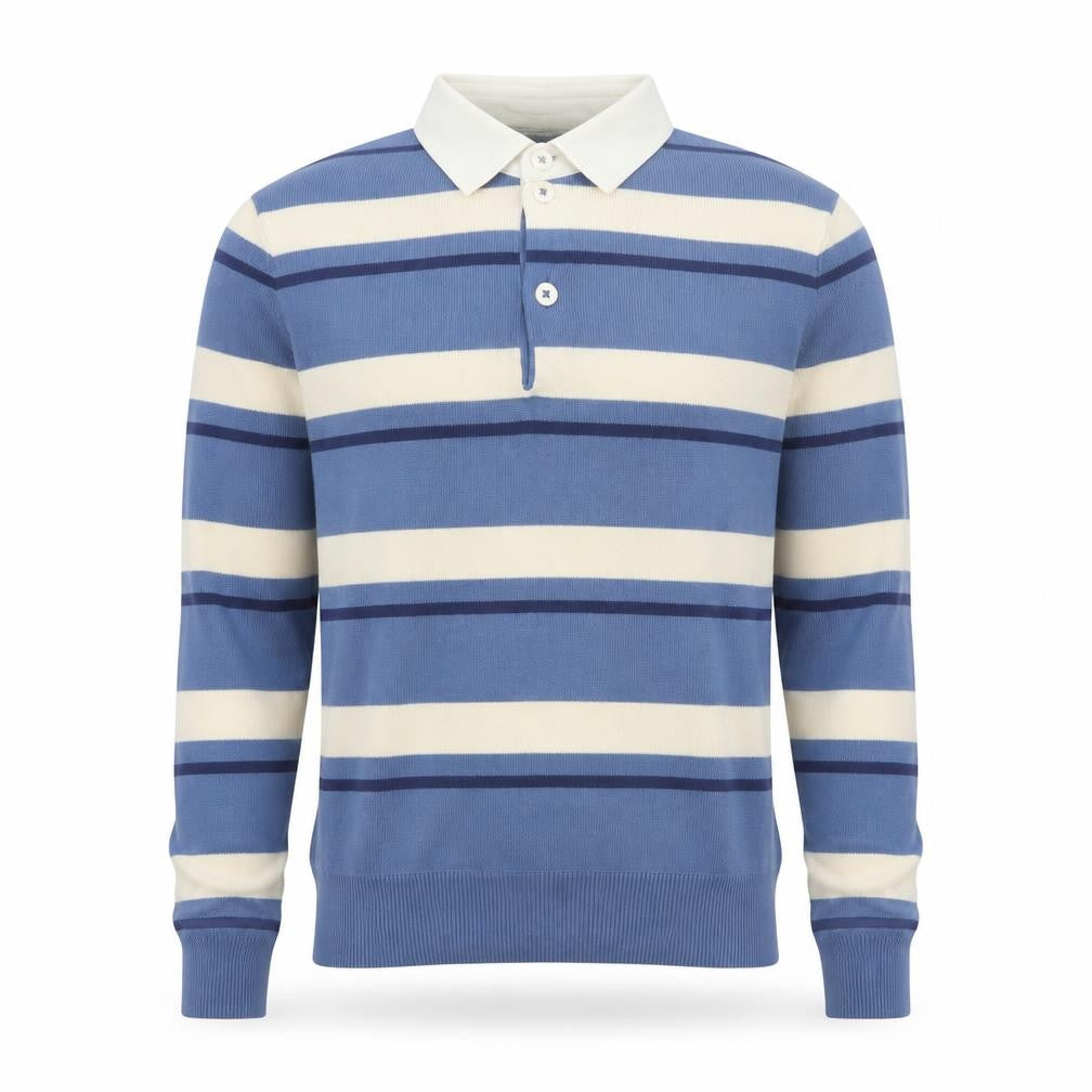 Marks and Spencer Men's Blue Striped Long Sleeve Cotton Polo S