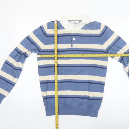 Marks and Spencer Men's Blue Striped Long Sleeve Cotton Polo S