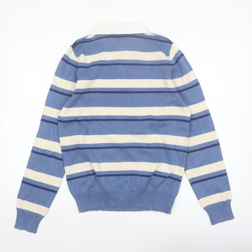 Marks and Spencer Men's Blue Striped Long Sleeve Cotton Polo S