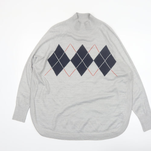 Marks and Spencer Women's Grey Argyle Mock Neck Knit Jumper Size M