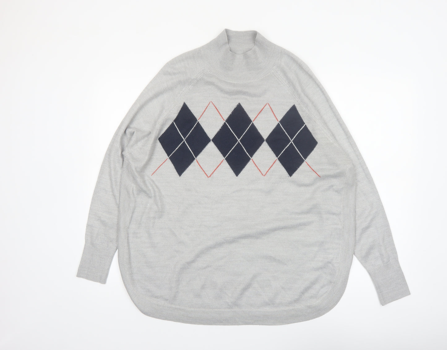 Marks and Spencer Women's Grey Argyle Mock Neck Knit Jumper Size M