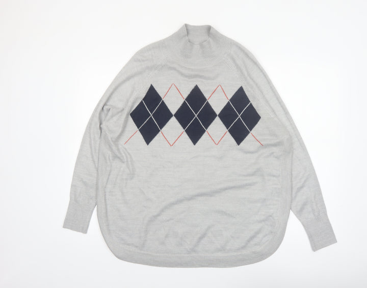 Marks and Spencer Women's Grey Argyle Mock Neck Knit Jumper Size M