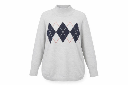Front view of Marks & Spencer Women's Grey Argyle Mock Neck Knit Jumper, size M