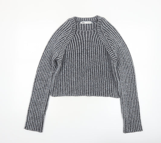 Zara Women Grey Striped Chunky-Knit Pullover Jumper Size 12