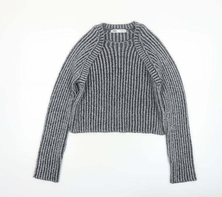 Zara Women Grey Striped Chunky-Knit Pullover Jumper Size 12