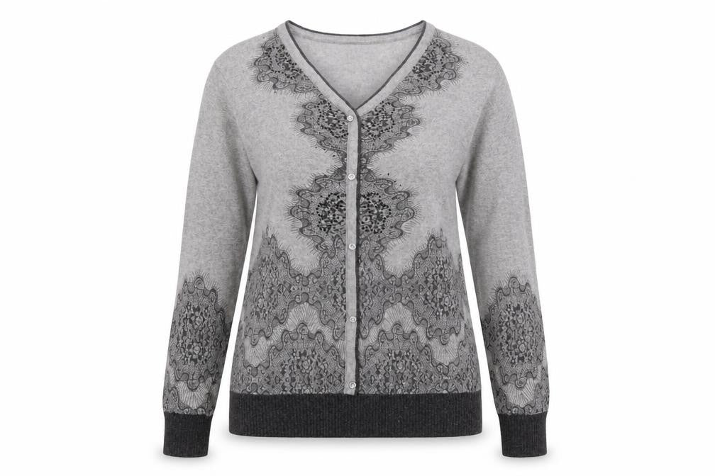 Front view of Blarney women’s grey v-neck long sleeve button cardigan m