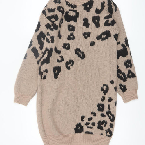 Lipsy Women’s Beige Leopard Print Knit Jumper Dress Size 6