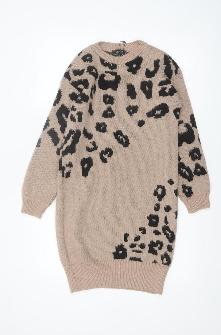 Lipsy Women’s Beige Leopard Print Knit Jumper Dress Size 6