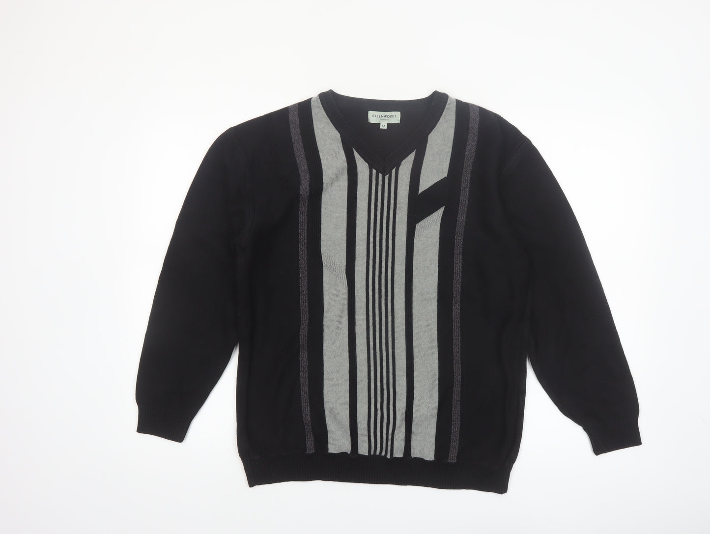 Greenwoods Mens Black Grey V-Neck Geometric Knit Jumper M