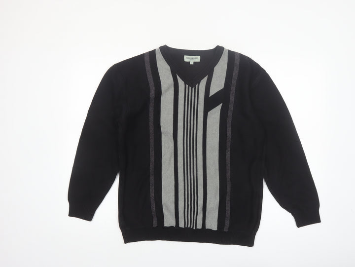 Greenwoods Mens Black Grey V-Neck Geometric Knit Jumper M