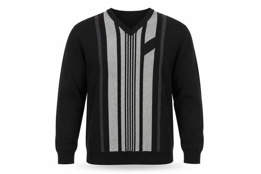 Front view of Greenwoods men’s black grey v-neck geometric knit jumper m
