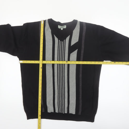 Greenwoods Mens Black Grey V-Neck Geometric Knit Jumper M