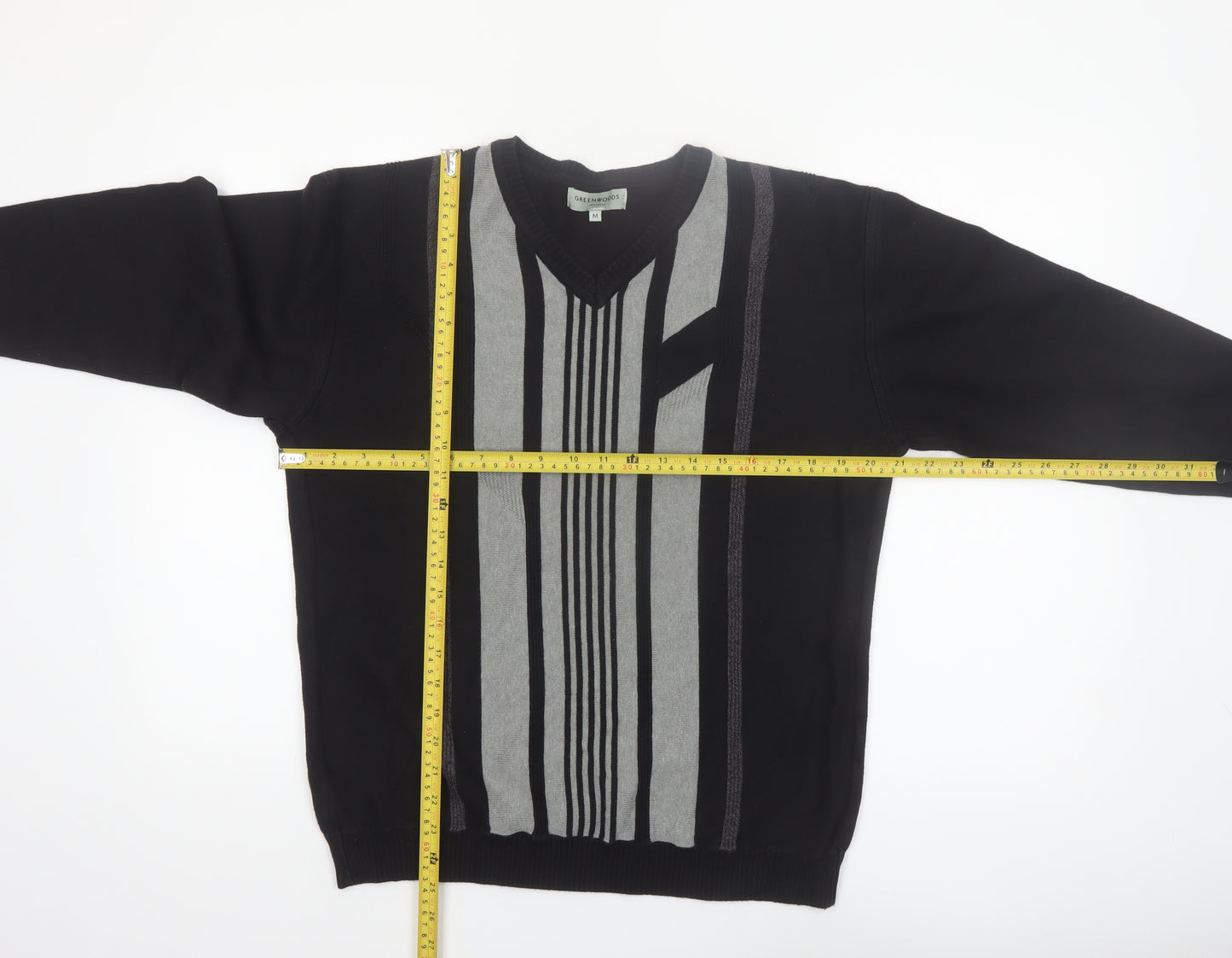 Greenwoods Mens Black Grey V-Neck Geometric Knit Jumper M