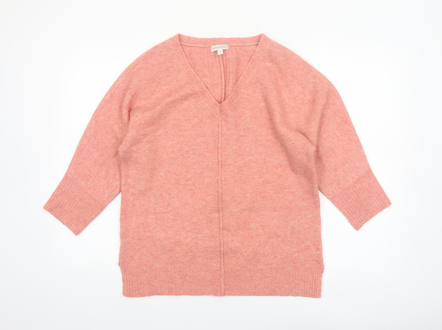 Monsoon Women Pink V-Neck 3/4 Sleeve Knit Pullover Jumper Size S