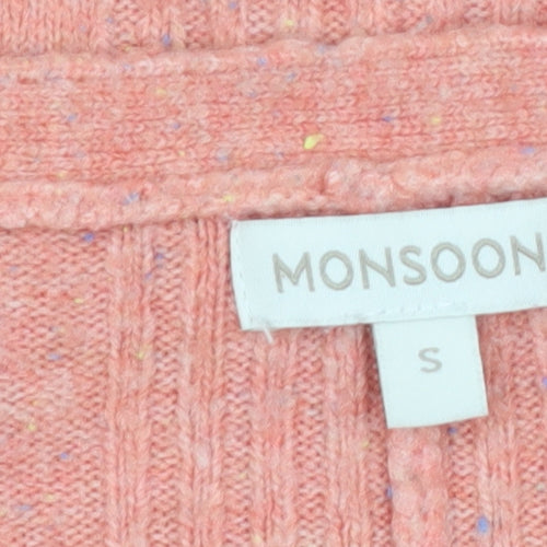 Monsoon Women Pink V-Neck 3/4 Sleeve Knit Pullover Jumper Size S