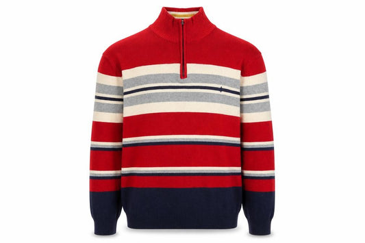 Front view of Maine New England Men's Red Striped Cotton 1/2 Zip Jumper, size S