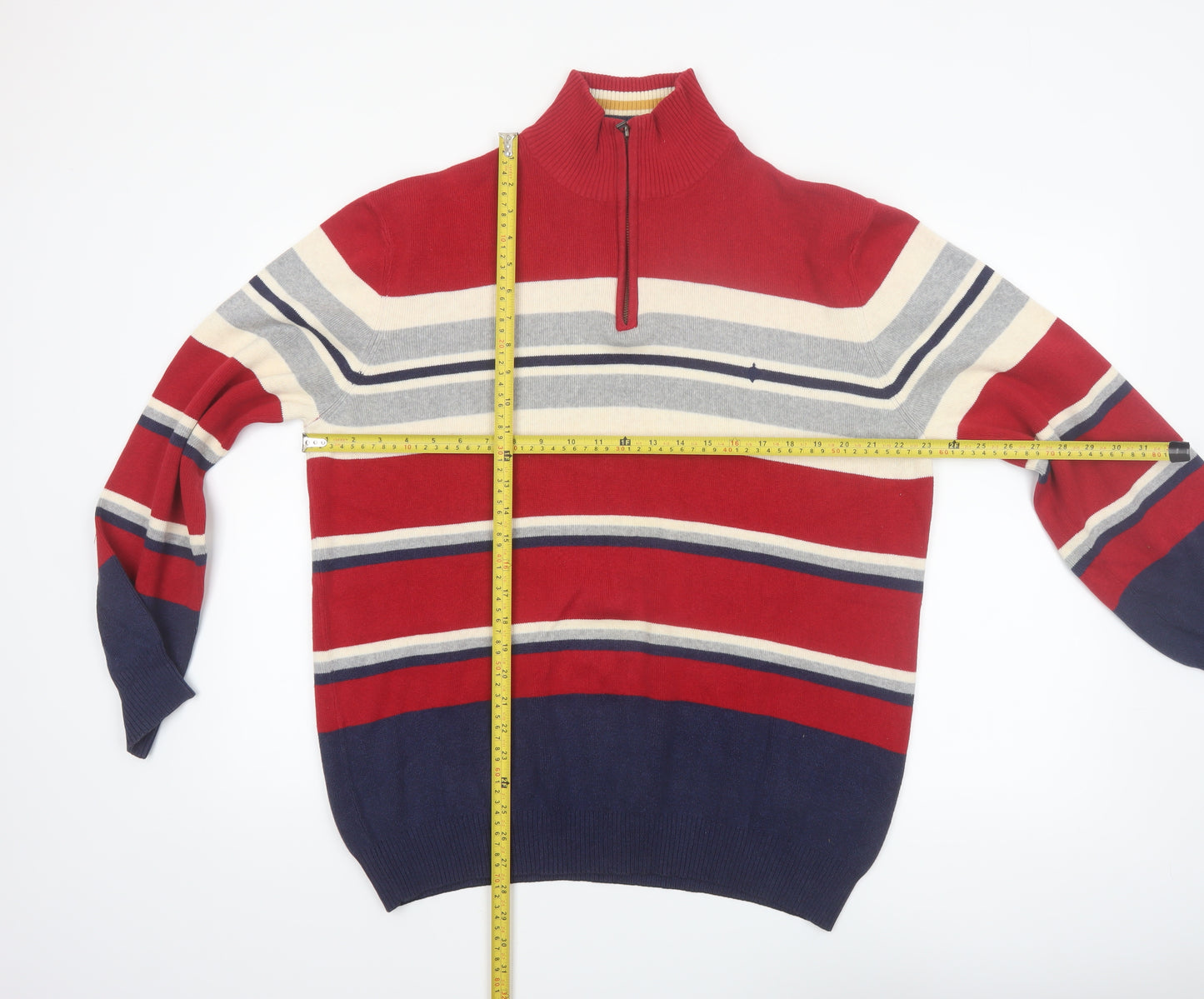Maine New England Men's Red Striped Cotton 1/2 Zip Jumper Size S