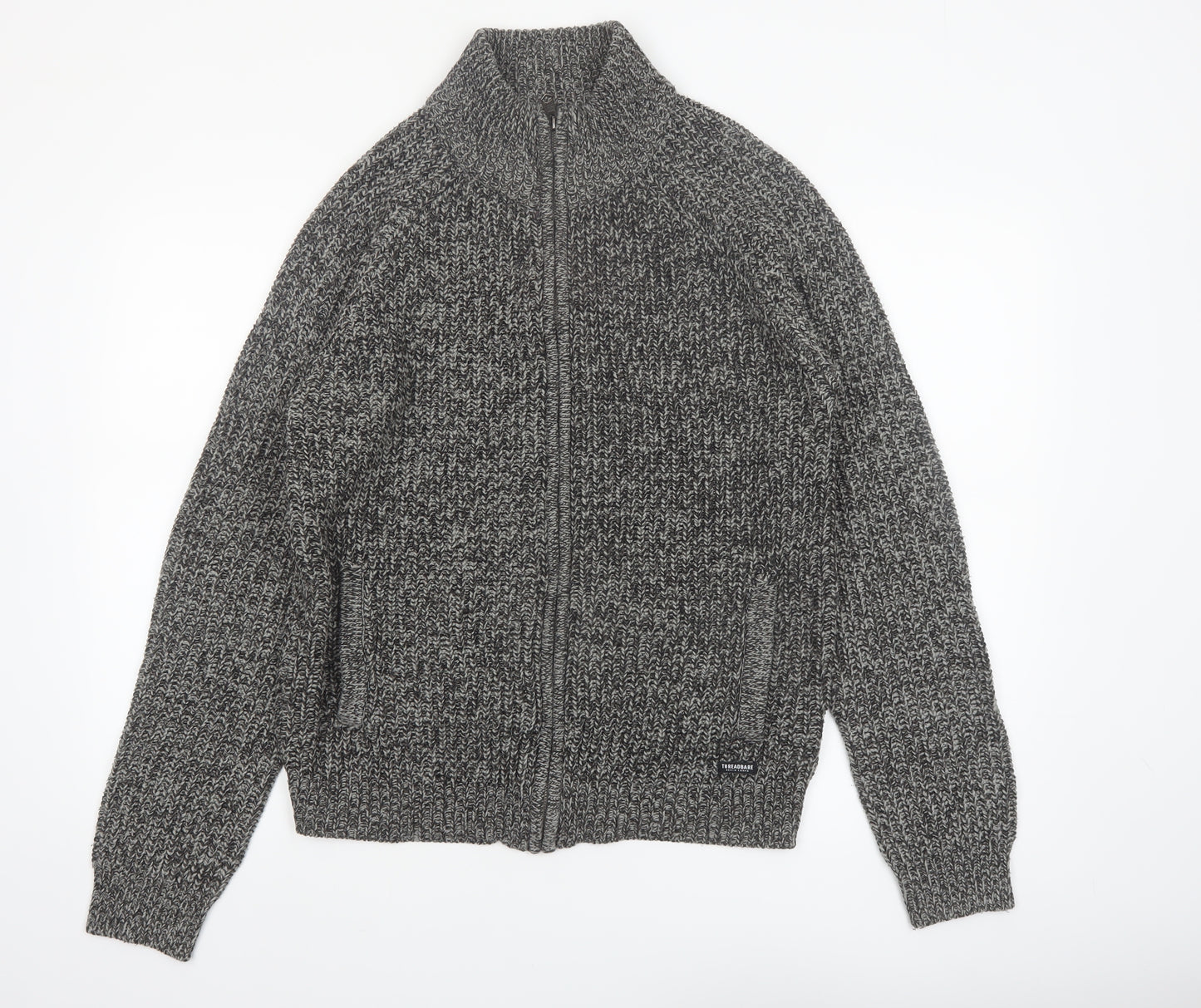 Threadbare Men's Grey Chunky Full Zip High Neck Jumper Size M