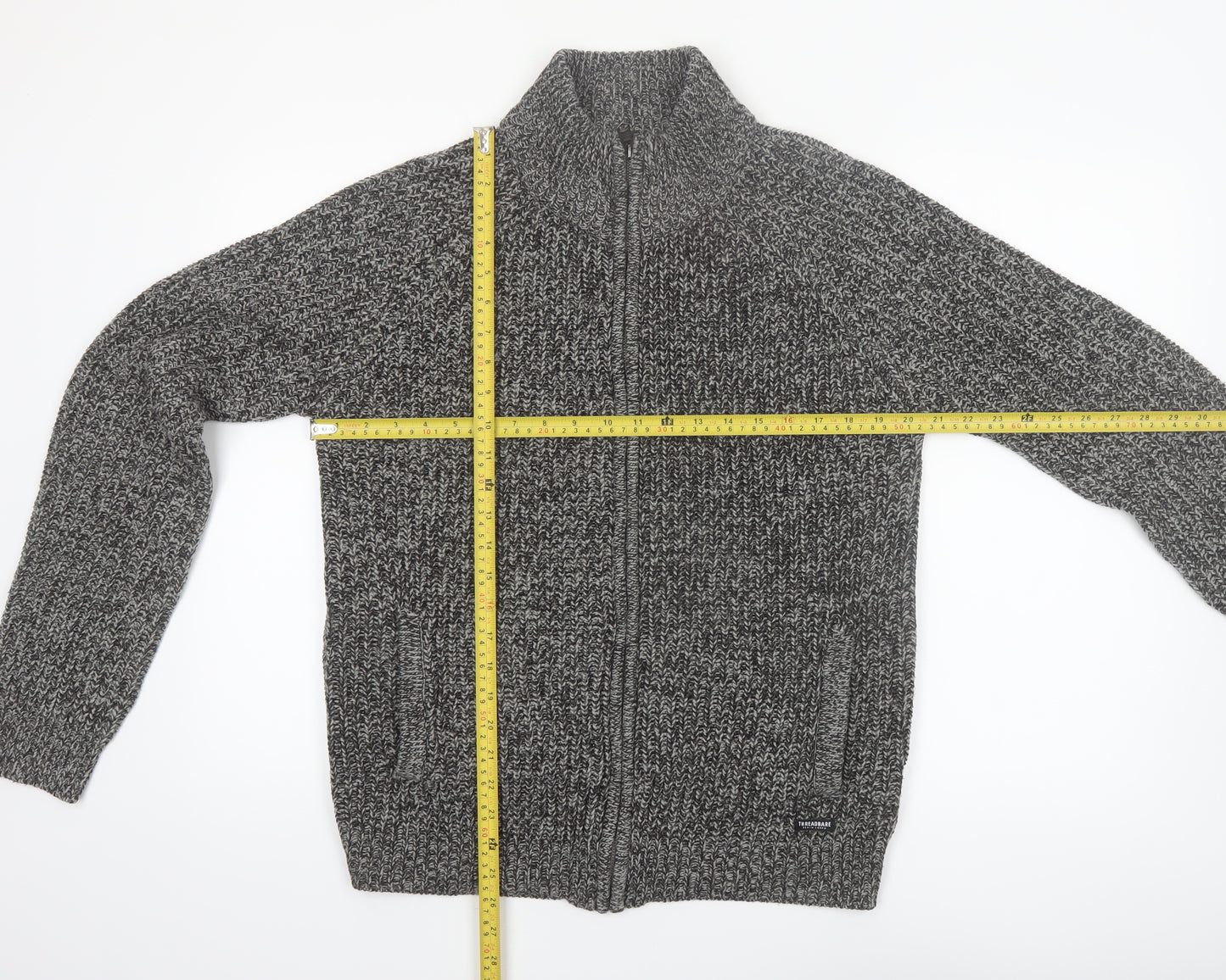 Threadbare Men's Grey Chunky Full Zip High Neck Jumper Size M
