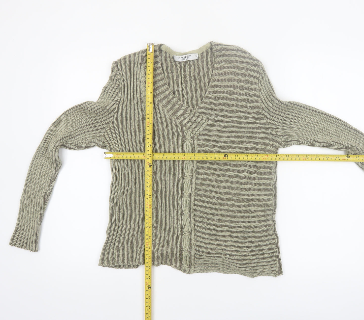 Anne Camond Women's Beige Wool Blend V-Neck Knit Cardigan M