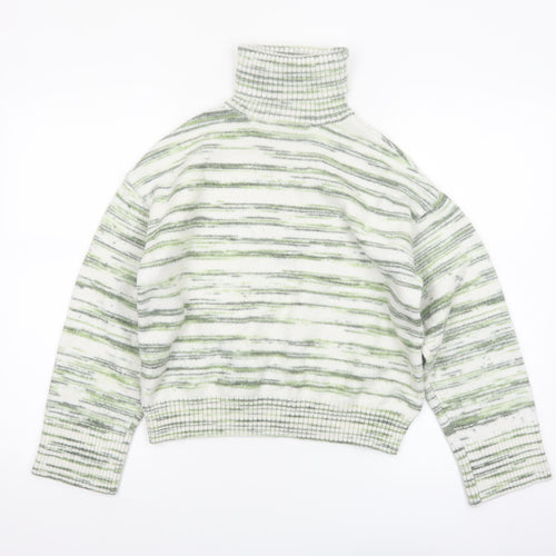 Marks and Spencer Women's Green Striped Roll Neck Jumper Size M