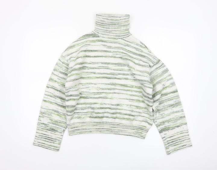 Marks and Spencer Women's Green Striped Roll Neck Jumper Size M