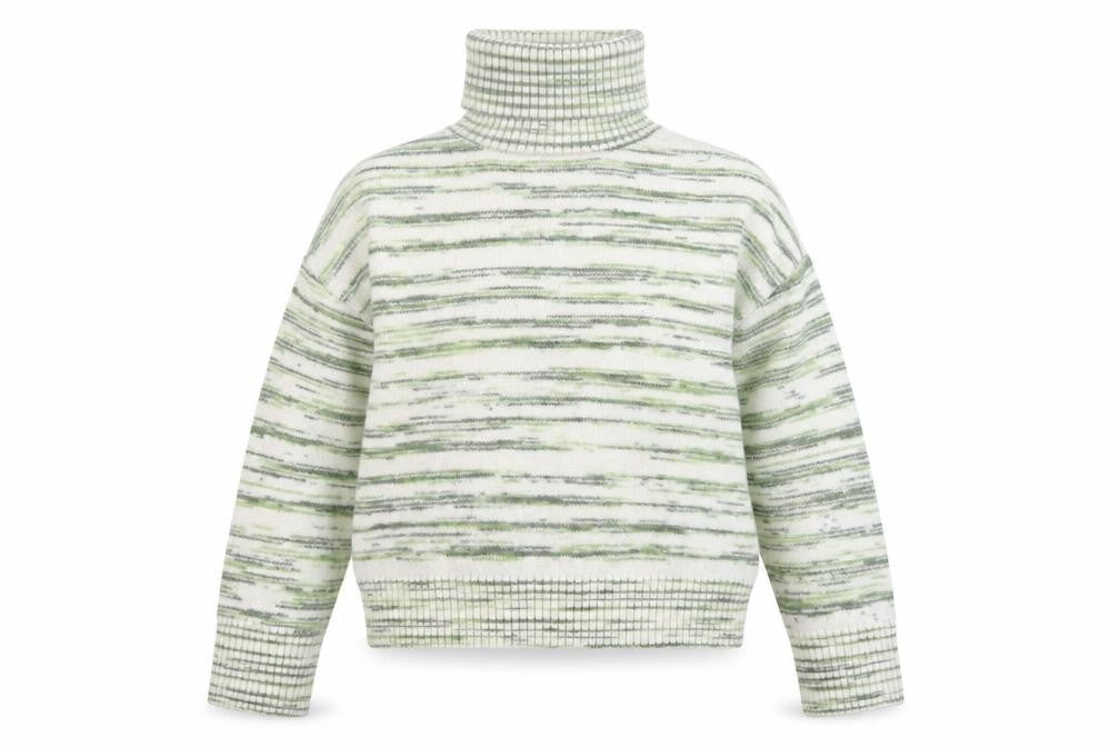 Front view of Marks & Spencer Women's Green Striped Roll Neck Jumper, size M