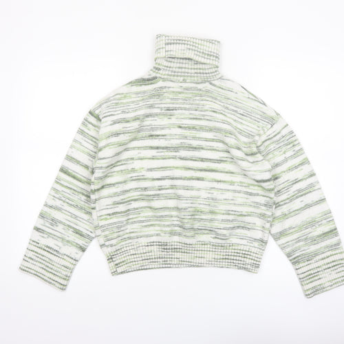 Marks and Spencer Women's Green Striped Roll Neck Jumper Size M