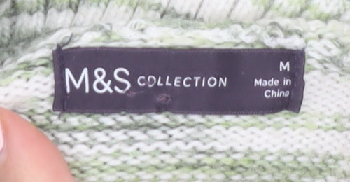 Marks and Spencer Women's Green Striped Roll Neck Jumper Size M