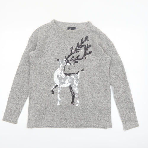 Reserved YFL Womens Grey Sequin Reindeer Christmas Jumper Size M
