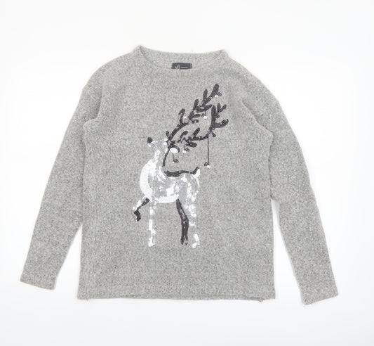 Reserved YFL Womens Grey Sequin Reindeer Christmas Jumper Size M