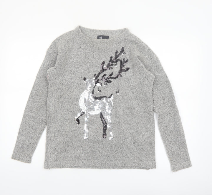 Reserved YFL Womens Grey Sequin Reindeer Christmas Jumper Size M