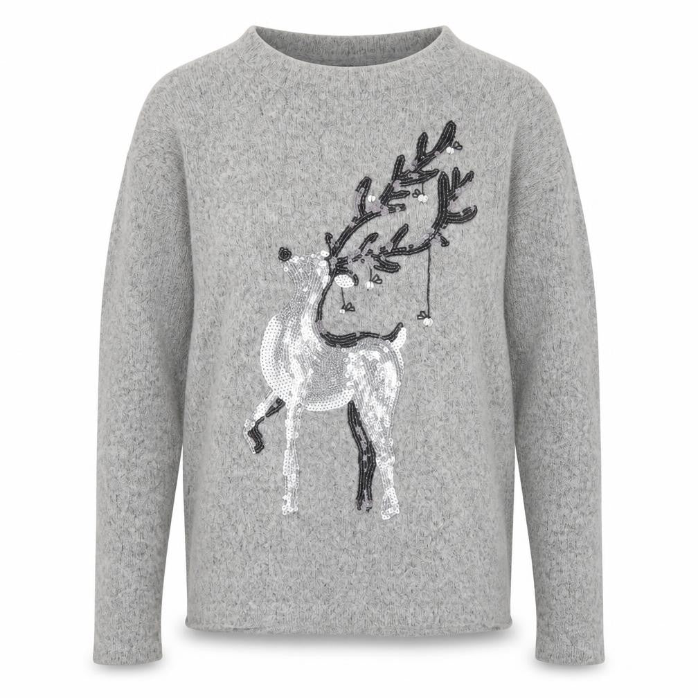Front view of RESERVED YFL women’s grey sequin reindeer christmas jumper, size M