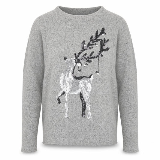 Front view of RESERVED YFL women’s grey sequin reindeer christmas jumper, size M