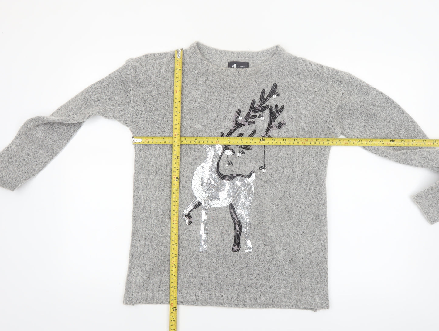 Reserved YFL Womens Grey Sequin Reindeer Christmas Jumper Size M