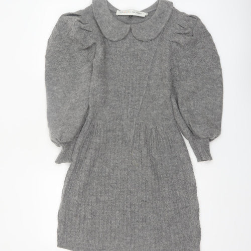 Topshop Women’s Grey Knit Jumper Dress XS Long Puff Sleeve Collared
