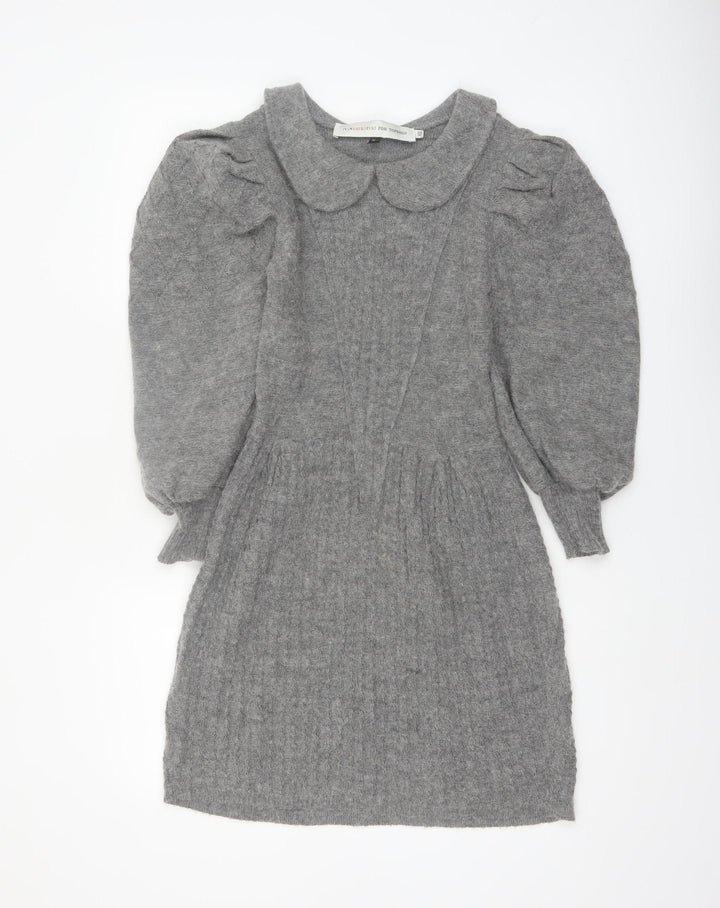 Topshop Women’s Grey Knit Jumper Dress XS Long Puff Sleeve Collared