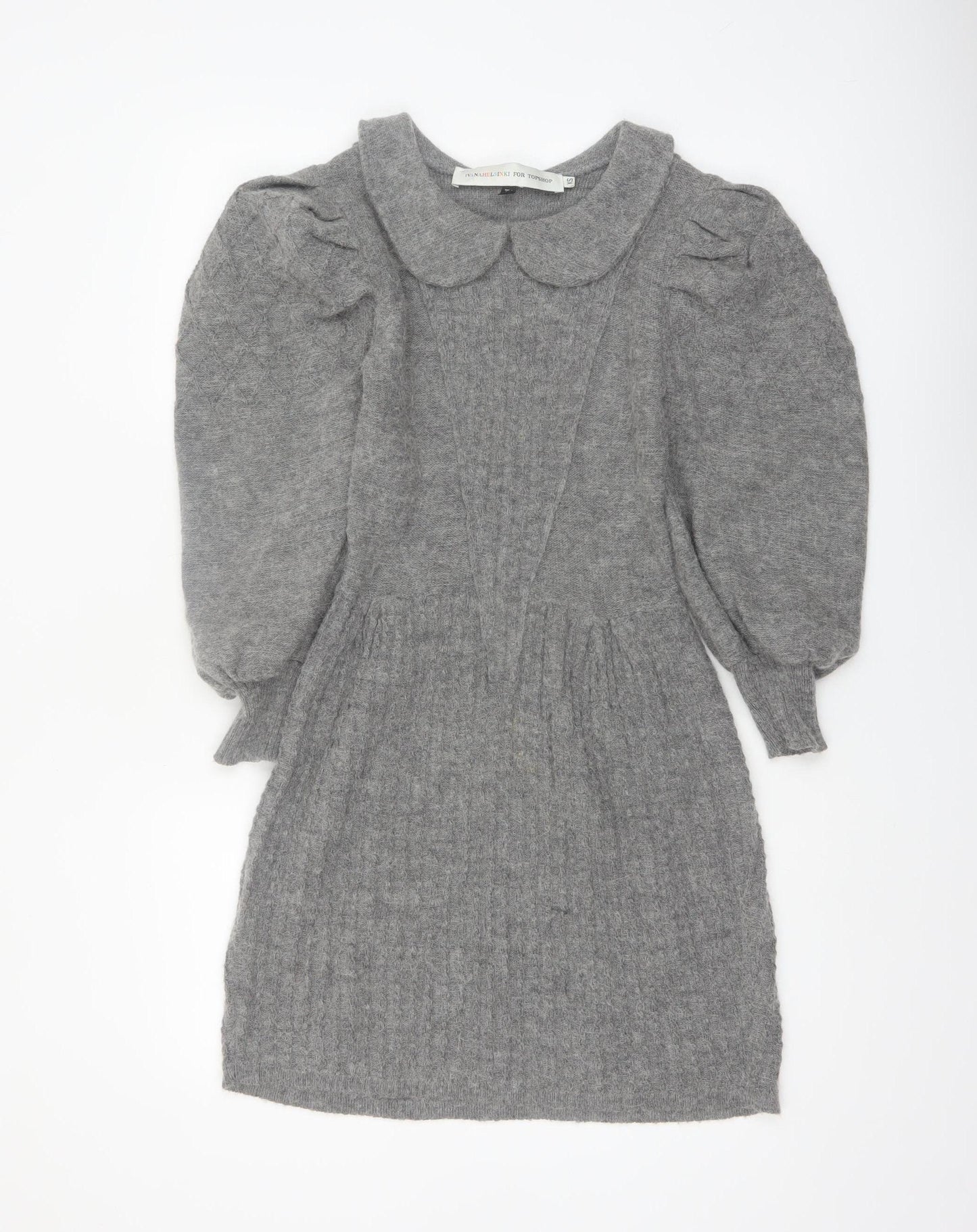 Topshop Women’s Grey Knit Jumper Dress XS Long Puff Sleeve Collared