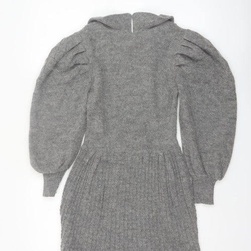 Topshop Women’s Grey Knit Jumper Dress XS Long Puff Sleeve Collared