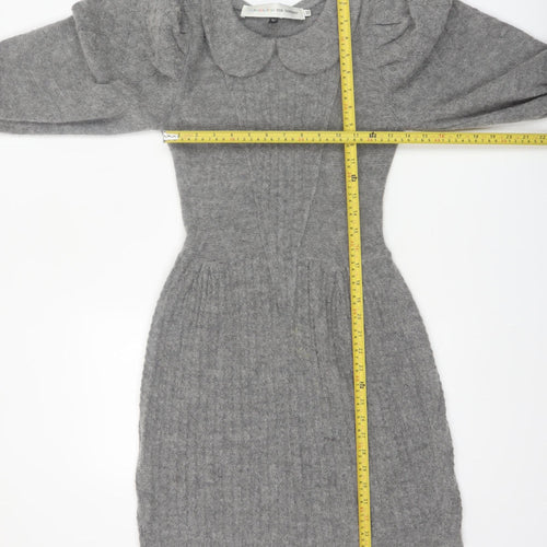 Topshop Women’s Grey Knit Jumper Dress XS Long Puff Sleeve Collared