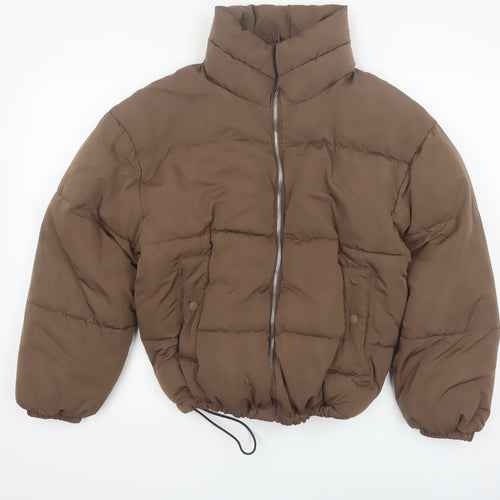 Pull & Bear Womens Brown Puffer Jacket S Quilted Cropped Winter Coat