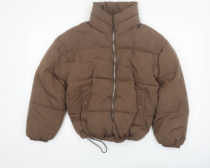 Pull & Bear Womens Brown Puffer Jacket S Quilted Cropped Winter Coat
