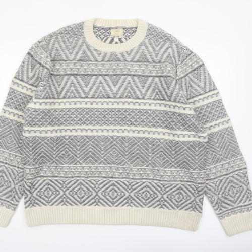 River Island Men Grey White Crew Neck Wool Blend Pullover Jumper XXL