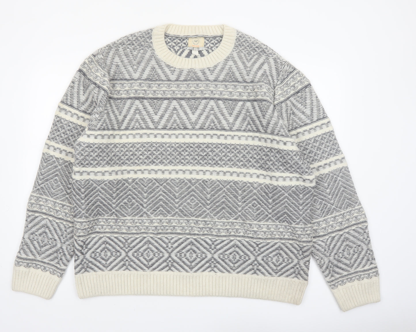 River Island Men Grey White Crew Neck Wool Blend Pullover Jumper XXL