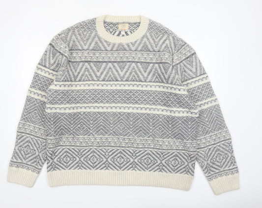 River Island Men Grey White Crew Neck Wool Blend Pullover Jumper XXL