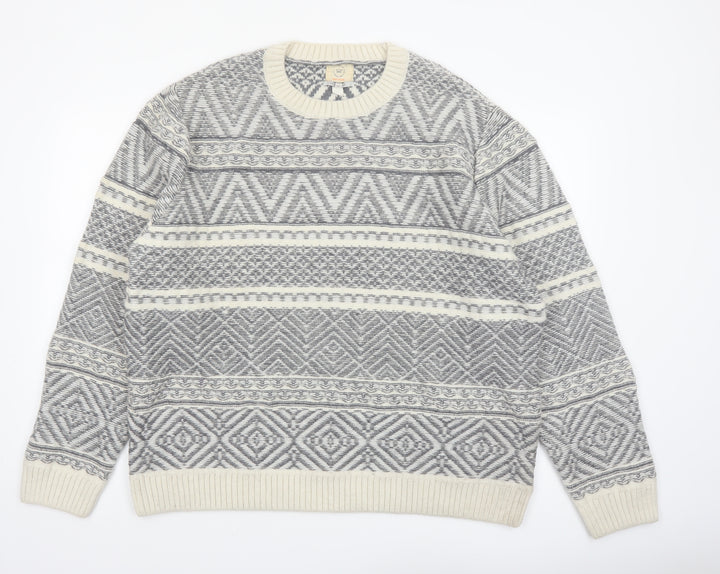 River Island Men Grey White Crew Neck Wool Blend Pullover Jumper XXL