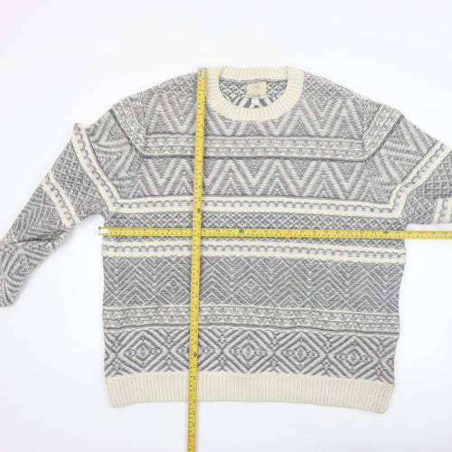 River Island Men Grey White Crew Neck Wool Blend Pullover Jumper XXL