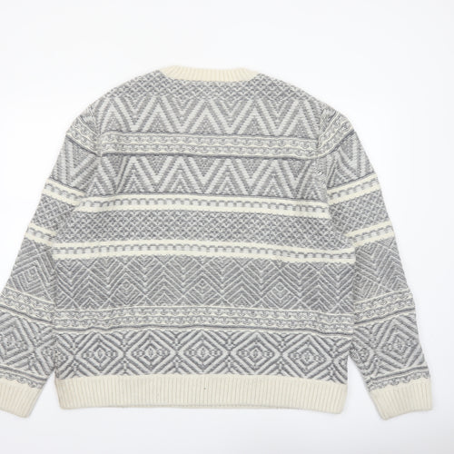 River Island Men Grey White Crew Neck Wool Blend Pullover Jumper XXL
