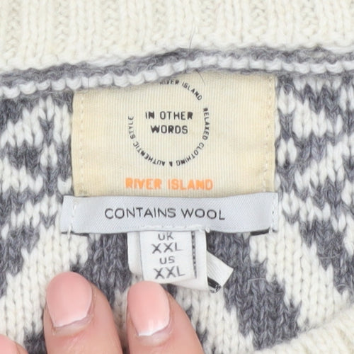 River Island Men Grey White Crew Neck Wool Blend Pullover Jumper XXL